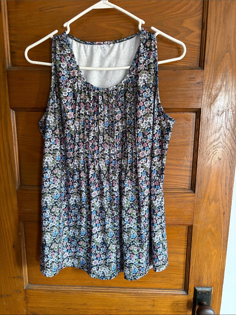 Amazon Floral Pleated Tank Top - Black with Blue & Pink Flowers